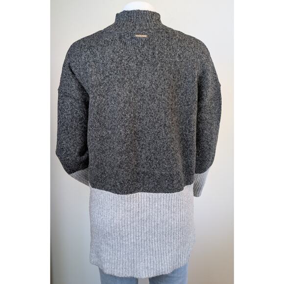 Michael Kors Wool Tunic Sweater Large Gray Colorblock Mock Neck High Low Ribbed - Picture 6 of 9